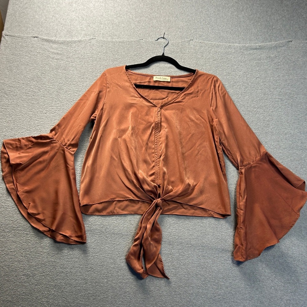 Peach Love California Tie Front Bell Sleeve Blouse Womens S Rust Satin Cropped